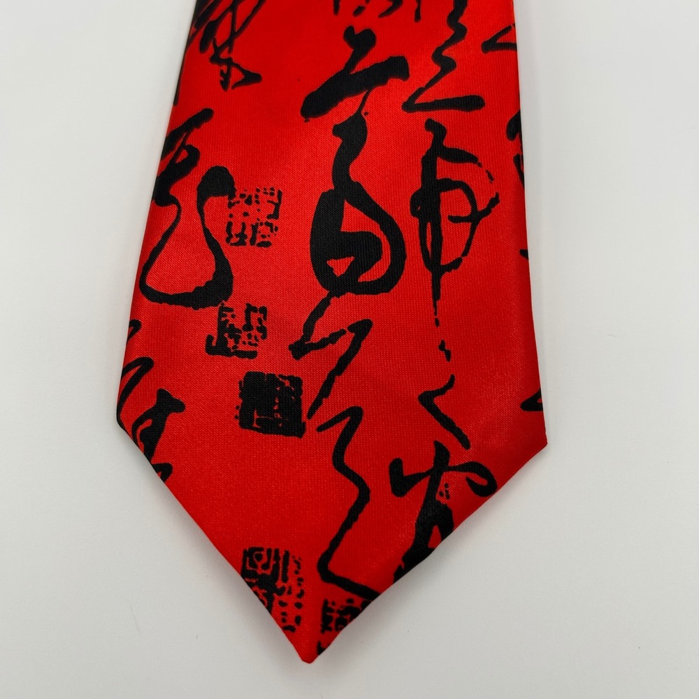 Kai Long Necktie Men OS Red 100% Silk Calligraphy Artistic Formal Oriental
